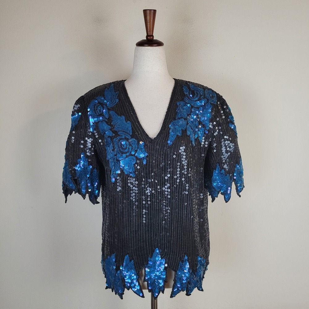 VTG Royal Feelings Top Med Black Blue Sequin Silk Floral Beaded Evening Blouse